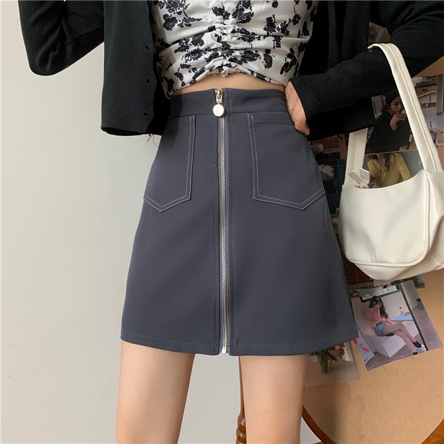 Fat mm design-sensing bright line skirt for women zipper pocket A-line skirt large size high waist slim arm short skirt black
