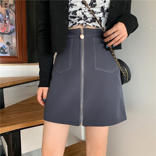 Fat mm design-sensing bright line skirt for women zipper pocket A-line skirt large size high waist slim arm short skirt black
