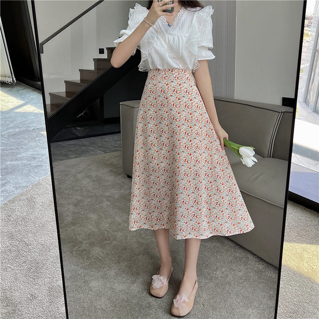 Sweet chiffon skirt fat mm floral mid-length large hem skirt 2024 new versatile large size printed umbrella skirt summer