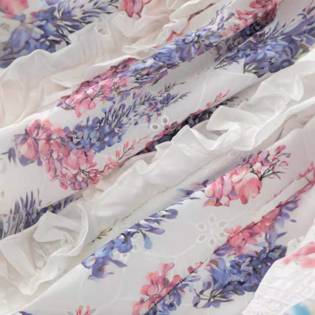 Spring light luxury classic holiday dress embroidered loose loose leaf-cut hollow square collar long skirt women's high waist square collar