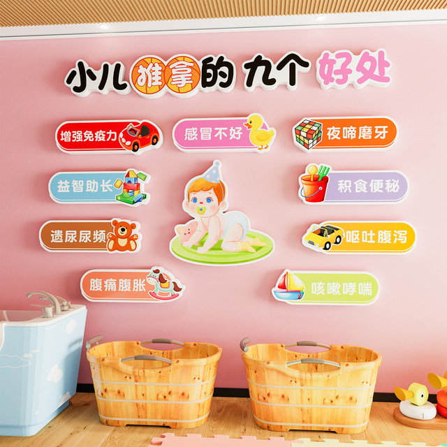 Children's massage parlor layout, spleen and stomach massage technique map, mother and baby shop wall decoration, advertising and cultural background
