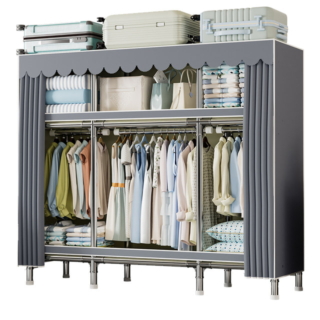 Wardrobe Home Bedroom Simple Assembly Cloth Wardrobe Bold and Thickened Steel Pipe Strong and Durable Rental Storage Cabinet