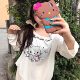 Cute cat off-shoulder long-sleeved T-shirt women's summer loose cartoon printed T-shirt blouse off-shoulder design top
