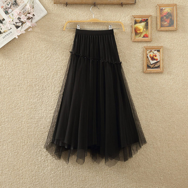 Irregular mesh two-sided skirt for women with high waisted splicing beaded double veil skirt for women in spring and summer