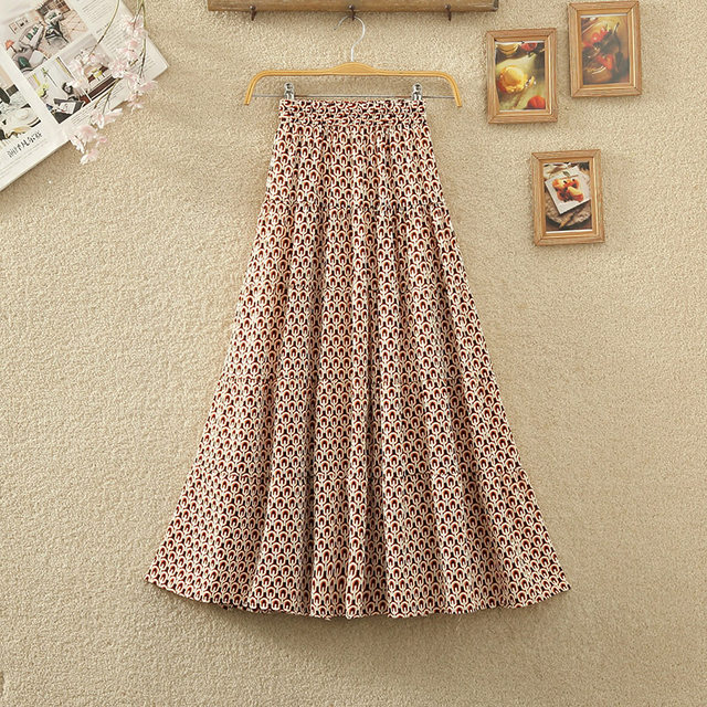2024 spring and summer new high-waisted retro floral chiffon spliced ​​cake skirt A-line printed long skirt women's skirt