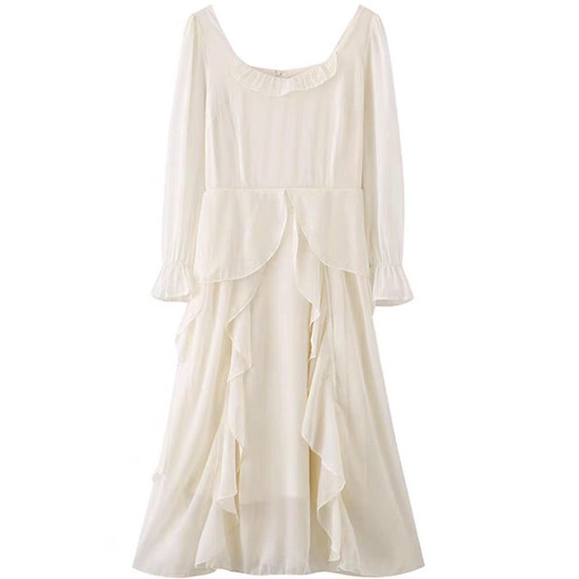 Ruffled long-sleeved French niche square collar chiffon skirt for women 2025 spring and summer new fairy princess dress
