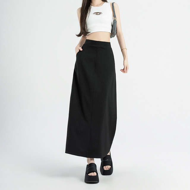 Black A-line skirt for women 2025 new temperament spring and summer hip cover suit high waist long skirt for meat pocket
