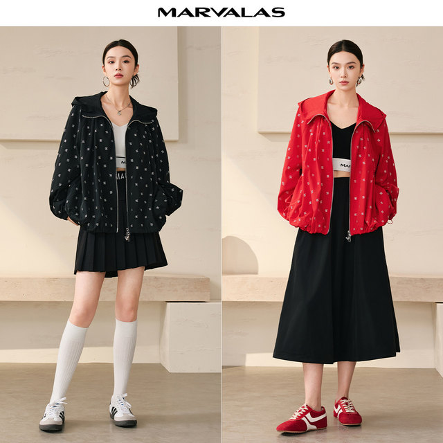 Mandes' mid-length trench coat 2025 autumn new fashion full print loose hooded jacket zipper jacket for women