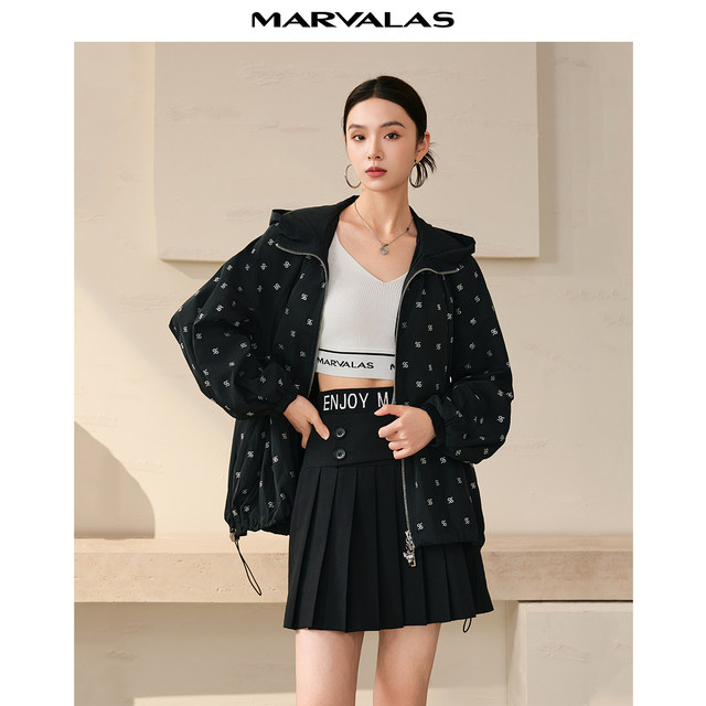 Mandes' mid-length trench coat 2025 autumn new fashion full print loose hooded jacket zipper jacket for women