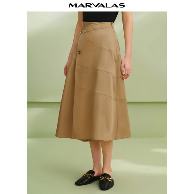 Mandesi cotton solid color skirt 2025 summer new high-waisted literary medium-length spliced ​​A-line skirt for women