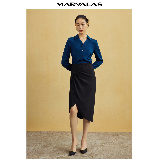Mandesy solid color high-waist skirt 2025 autumn new product commuting elegant irregular mid-length hip-cover skirt for women