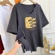 Extra large size 300Jin [Jin equals 0.5 kg] Trendy brand pattern printed slit v-neck slanted belt short-sleeved T-shirt for women in summer fat MM slim top