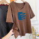 Extra large size 300Jin [Jin equals 0.5 kg] Trendy brand pattern printed slit v-neck slanted belt short-sleeved T-shirt for women in summer fat MM slim top
