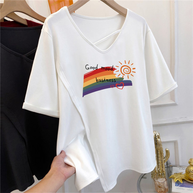 Extra large size 300Jin [Jin equals 0.5 kg] Rainbow printed hem slit v-neck loose short-sleeved T-shirt for women in summer fat MM large version top