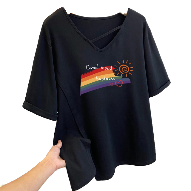 Extra large size 300Jin [Jin equals 0.5 kg] Rainbow printed hem slit v-neck loose short-sleeved T-shirt for women in summer fat MM large version top