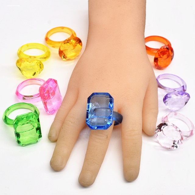 Seven-colored candy color transparent plastic ring imitation diamond ring coax girl princess video game reward gift accessories