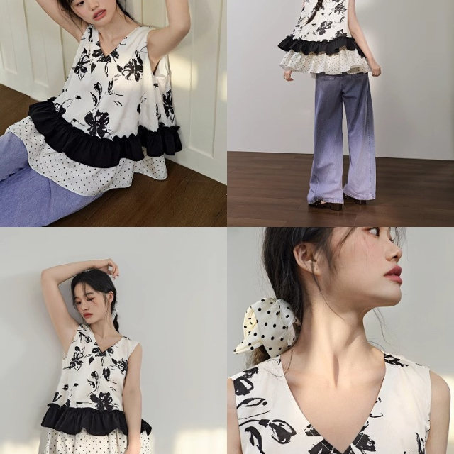 Wide color v-neck ink printing spliced ​​earrings polka dot suspender vest women's 25 summer new sleeveless top long