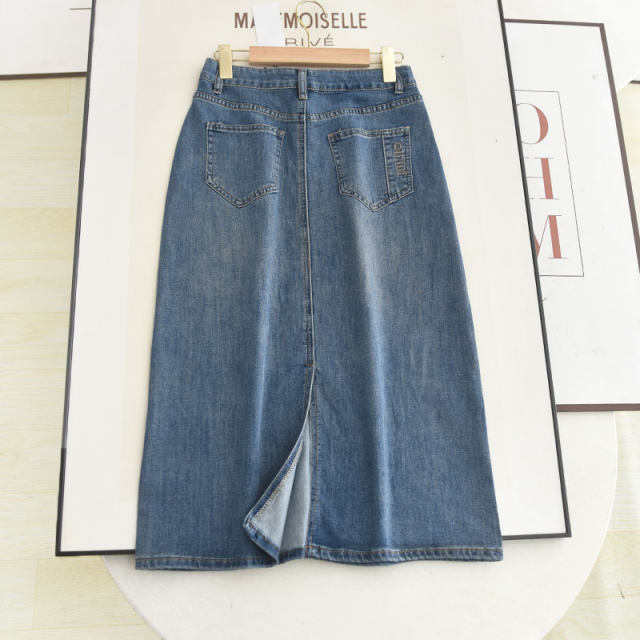 Iran 2025 summer new high-waisted slim pocket embroidery design mid-length denim slit skirt