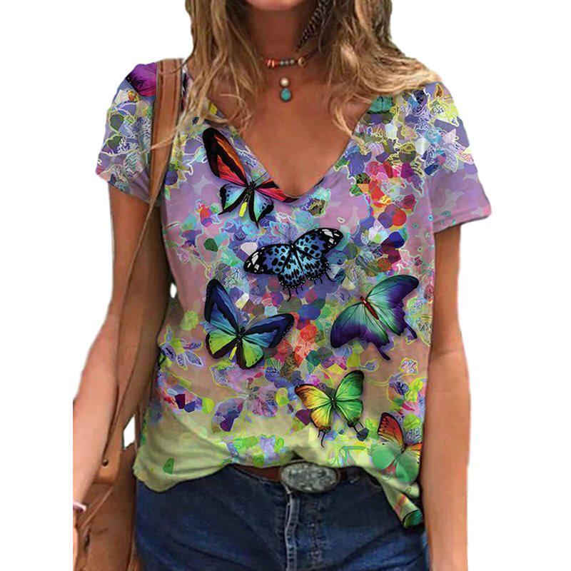 butterfly print v-neck short sleev亞馬遜跨境蝴蝶印花v領短袖