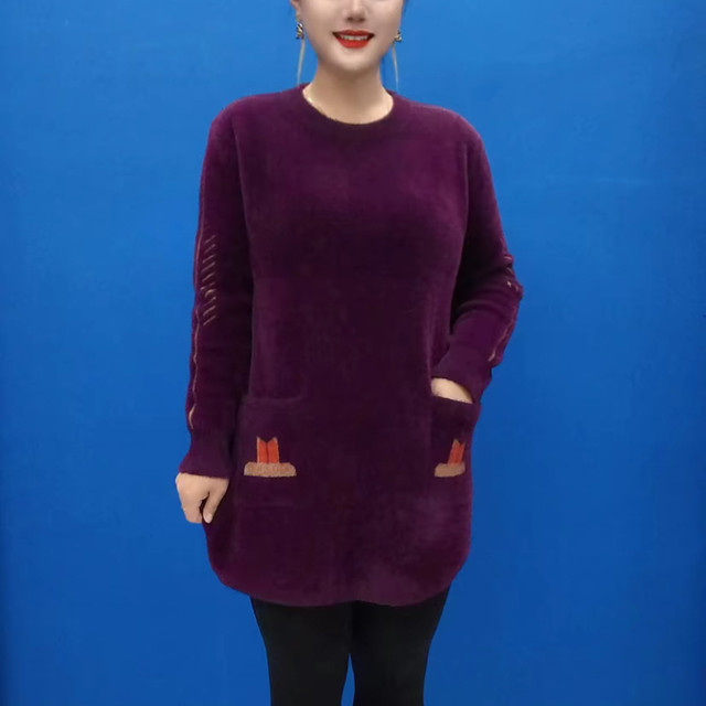 New autumn and winter mother's clothing thickened mink velvet fashionable mid-length style sweater loose slim double pocket large version sweater