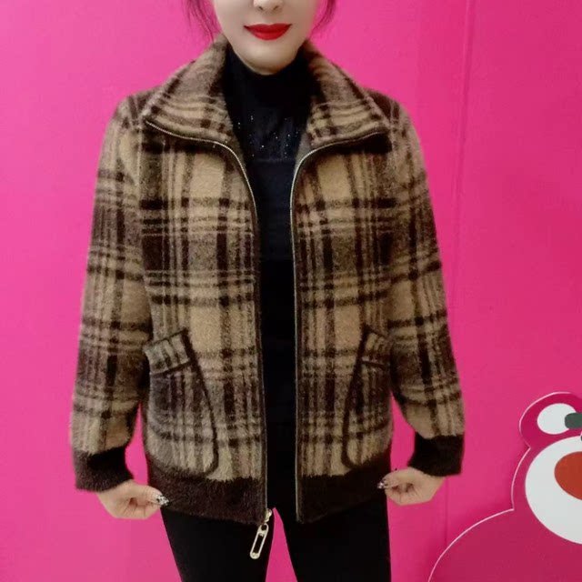 New winter gold mink thickened warm coat fashionable plaid short all-in-one velvet top for middle-aged and elderly mothers