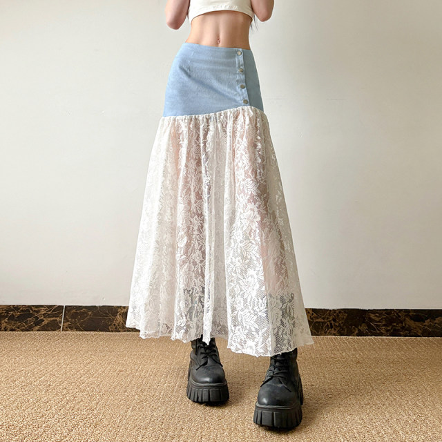 IAEY French retro lace jacquard mesh skirt summer seaside vacation style denim spliced ​​mesh skirt
