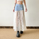 IAEY French retro lace jacquard mesh skirt summer seaside vacation style denim spliced ​​mesh skirt
