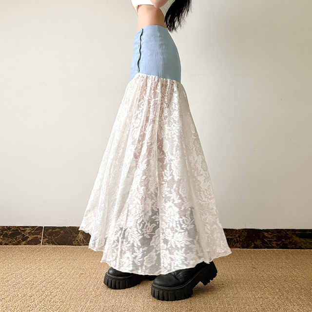 IAEY French retro lace jacquard mesh skirt summer seaside vacation style denim spliced ​​mesh skirt
