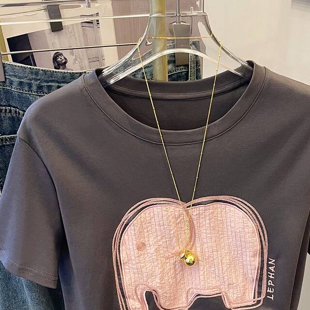 Gray heavy industry embroidered small elephant short-sleeved T-shirt for women 2025 summer new loose age-reducing versatile half-sleeved top