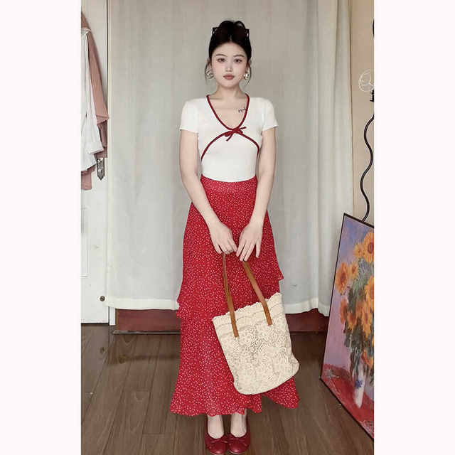French retro polka dot printed ruffle red high skirt summer new temperament elegant cake long skirt women