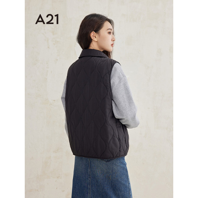A21 women's black sleeveless cotton jacket 2024 Winter new simple vest dark buckle down cotton polo collar cotton clothes