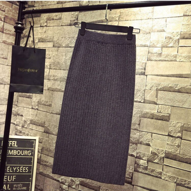 
Knitted skirt for women in autumn and winter long skirt for hip-covering skirt one-step skirt mid-length slit wool skirt versatile