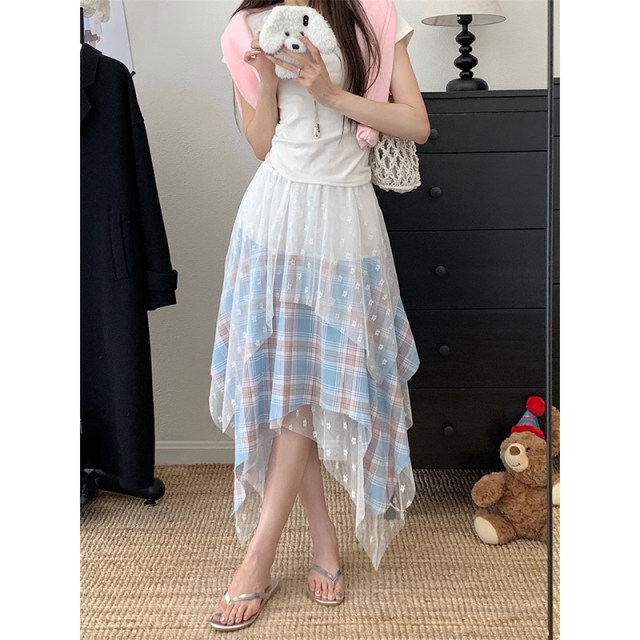 Sweet style irregular lace spliced ​​plaid skirt for women 2025 summer high waist slim A-line skirt