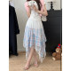 Sweet style irregular lace spliced ​​plaid skirt for women 2025 summer high waist slim A-line skirt