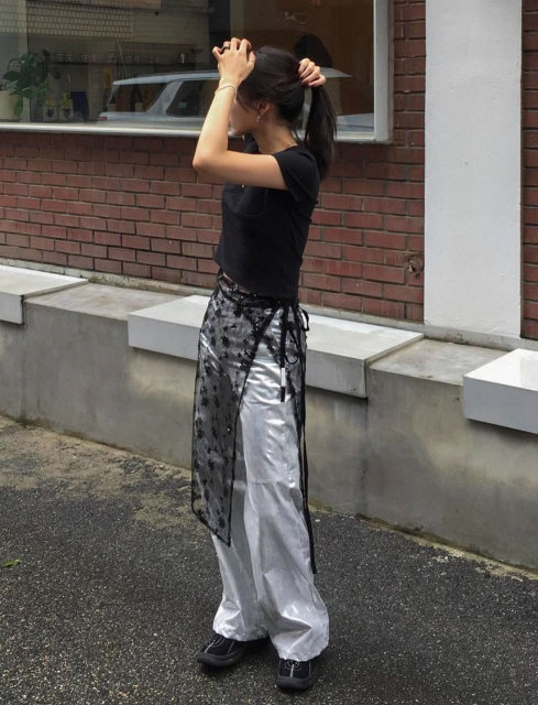 New French high-waist lace heavy industry sequins mid-length black exterior lace skirt for women