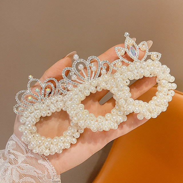 Children's pearl hair rope princess crown tiara girl's ball hair ring rubber band female head tie cute hair flower hair accessory