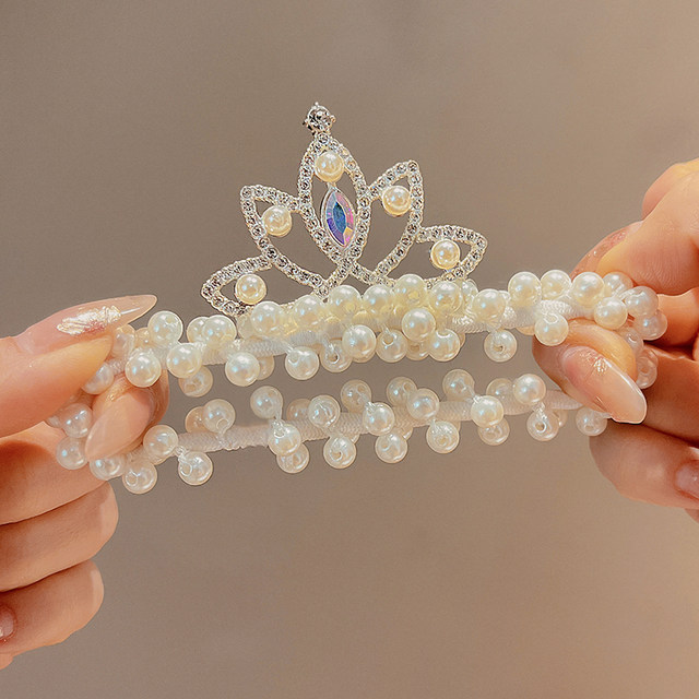 Children's pearl hair rope princess crown tiara girl's ball hair ring rubber band female head tie cute hair flower hair accessory
