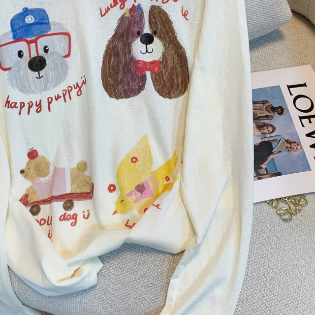 Cartoon printed long-sleeved T-shirt for women in summer lazy holiday sunscreen blouse loose large size 300 Jin [Jin equals 0.5 kg] fat mm top