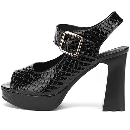 Brand shoes patent leather fish mouth thick heel sandals for women 2025 new summer fashion black genuine leather catwalk high heel sandals