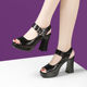 Brand shoes patent leather fish mouth thick heel sandals for women 2025 new summer fashion black genuine leather catwalk high heel sandals