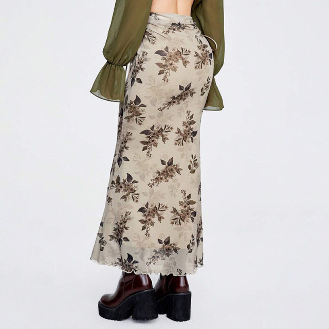 New Chinese retro style printed pleated skirt mesh double-layer printing fashionable and versatile new fishtail skirt