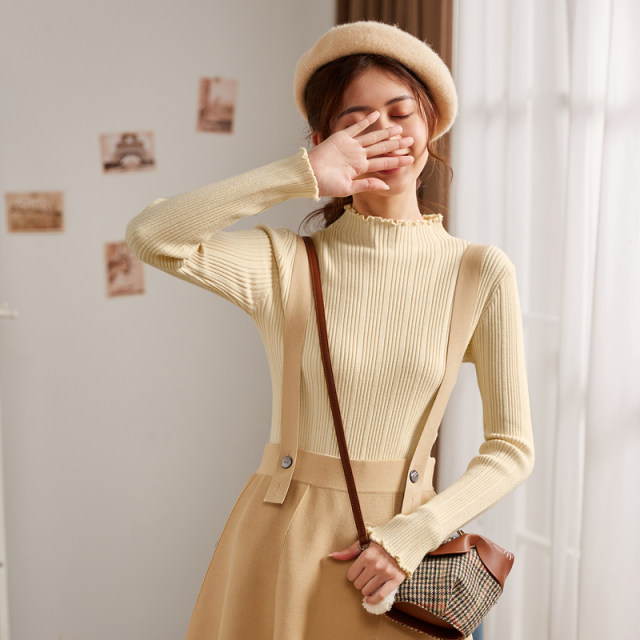 Tang Shi Half High Neck Clean Color Vertical Strip Wool Base Shirt Women's Autumn and Winter Long Sleeve Knitted Top Slim Sweater