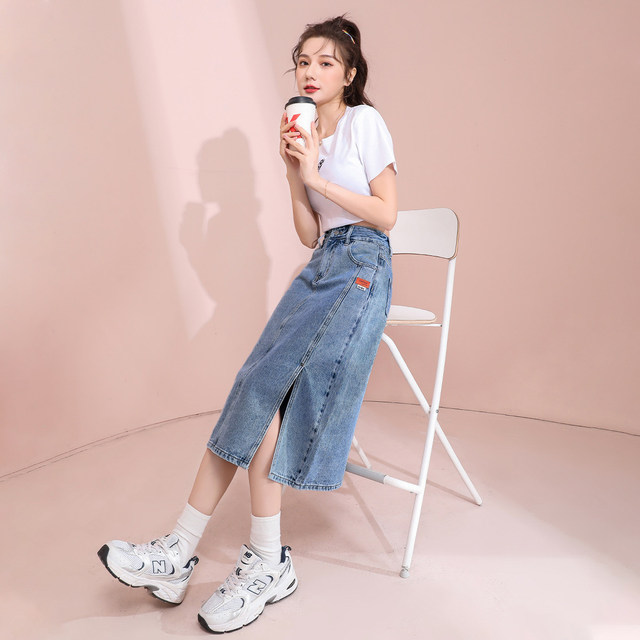 Tang Shi slit versatile hip-packing A-line skirt jk retro spring and autumn denim skirt women's high waist slim mid-length style