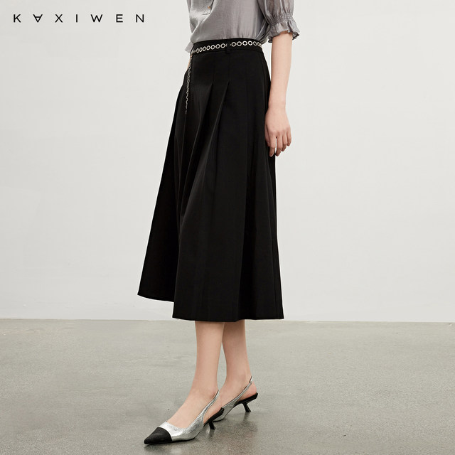 Jah Qianwen's simple commuting A-line skirt 2025 summer new fashion pleated skirt solid color midi skirt for women
