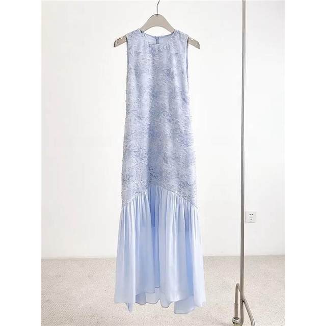 French high-end temperament blue sleeveless dress for women 2025 summer new casual irregular splicing long skirt