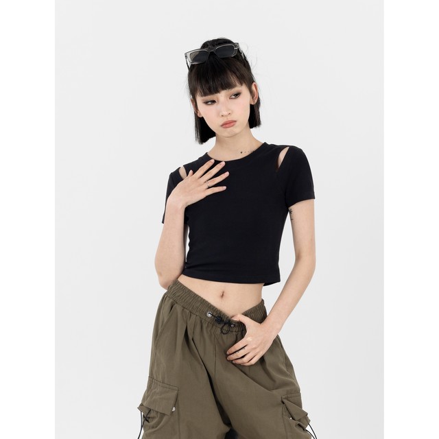 Black cotton hollow short-sleeved T-shirt for women in women's slim summer new high-waisted navel-exposed top ins Korean style