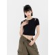 Black cotton hollow short-sleeved T-shirt for women in women's slim summer new high-waisted navel-exposed top ins Korean style
