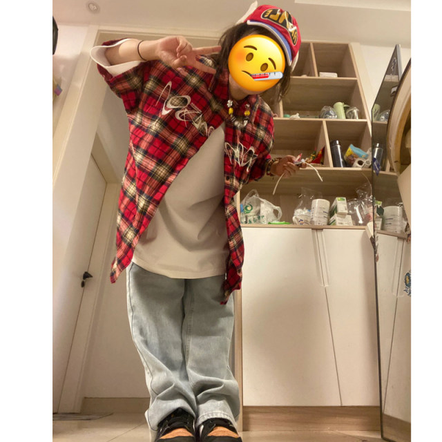 National trend American street red plaid shirt short-sleeved women's summer couple high street trendy brand design niche tops