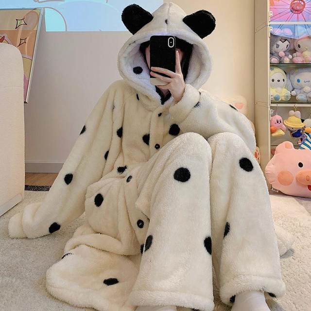 
Autumn and winter coral velvet pajamas for women 2023 new long robe plus velvet thickened flannel home wear set