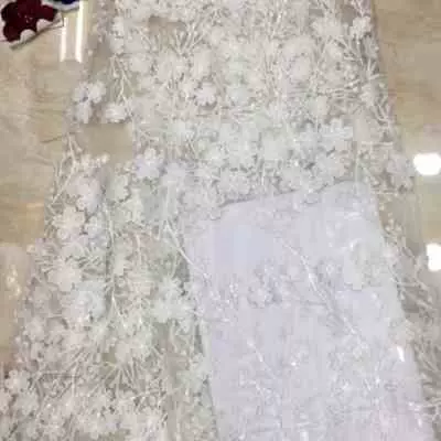 精致透明亮片立体浮花刺绣水溶蕾丝面料礼服裙料窗帘桌布盖